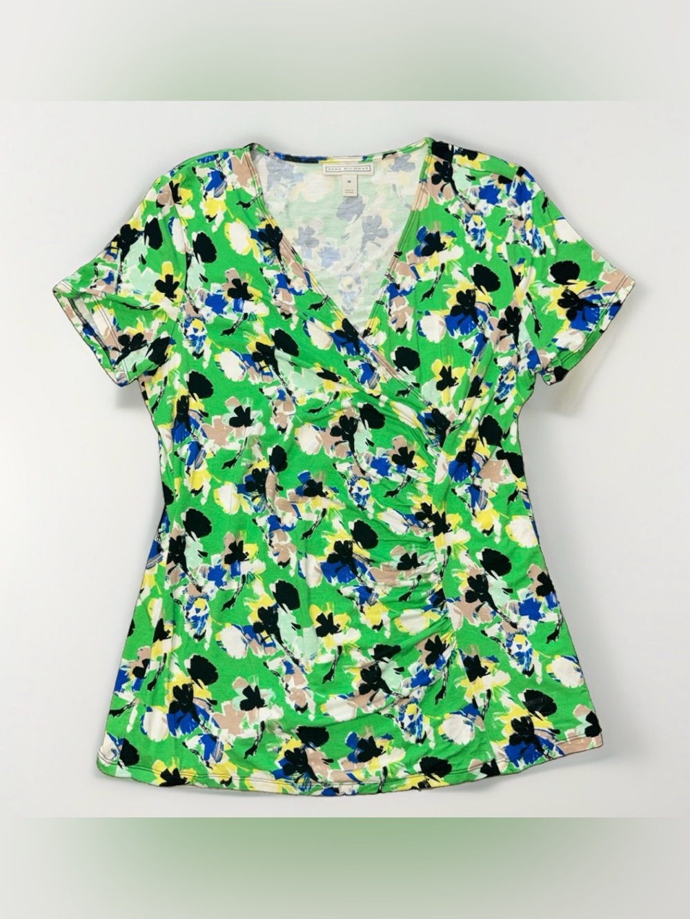 Dana Buchman Faux Wrap Abstract Floral Multicolor Blouse Size M Stretch